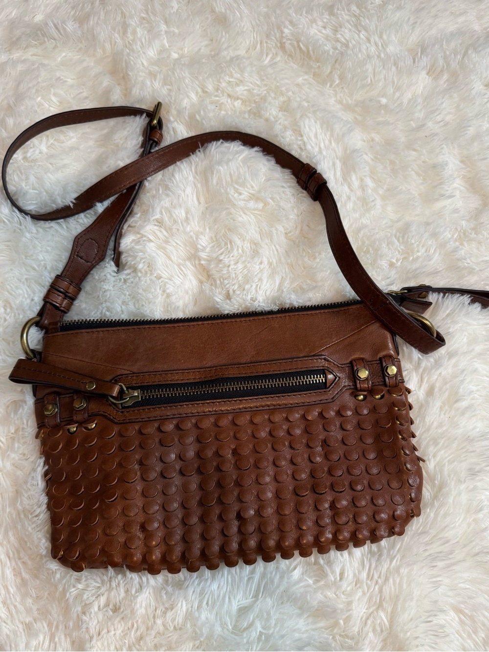 orYANY Cognac Brown Leather Studded Multi-Zip Crossbody Bag Boho Satchel